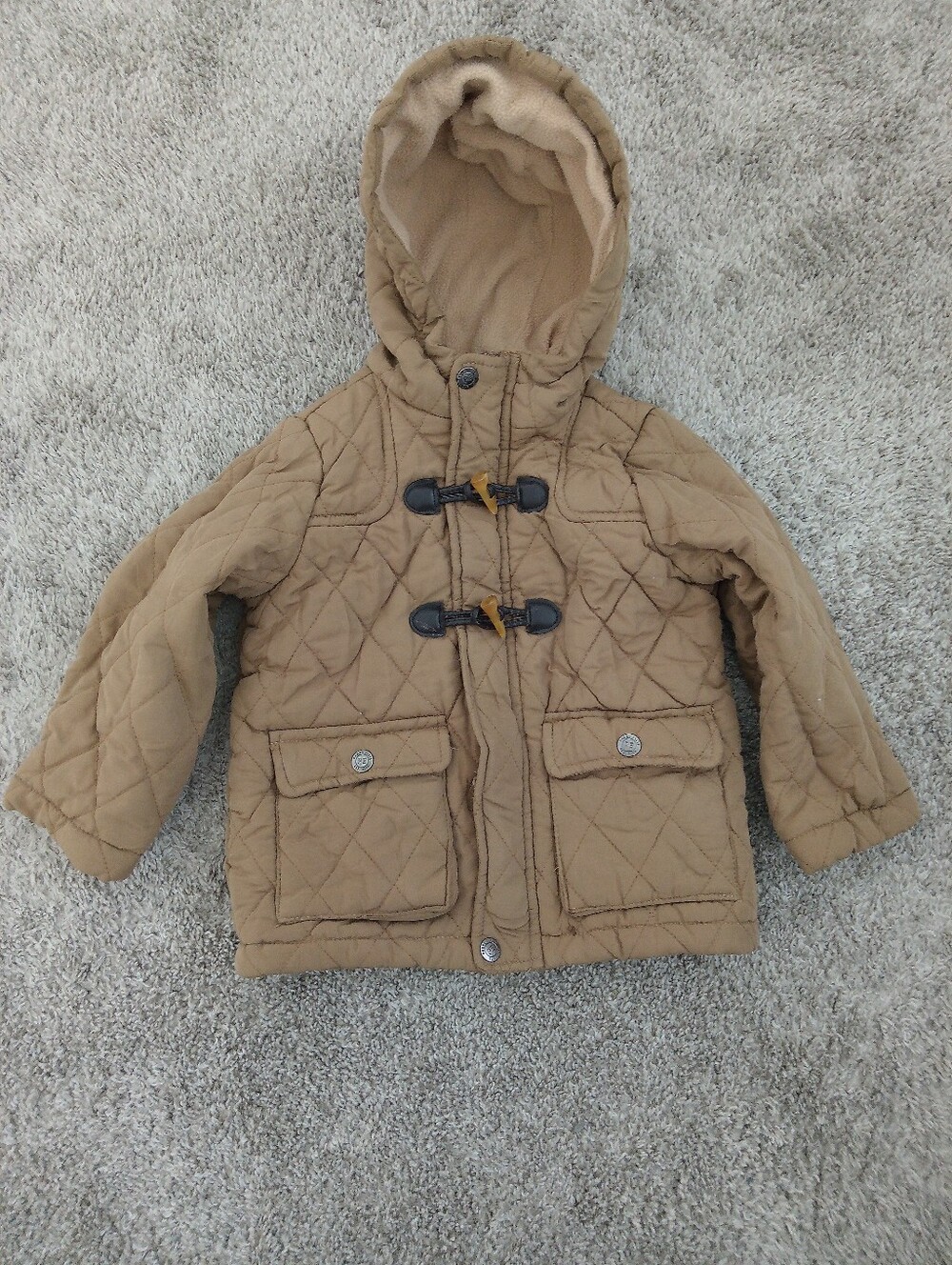 Perry Ellis Boys Quilted Toggle Hooded Puffer Jacket - Tan Size 3T